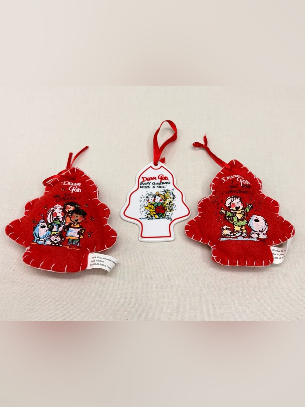 Dear God Kids Christmas Ornaments - Lot of 3 Porcelain & Felt Tree